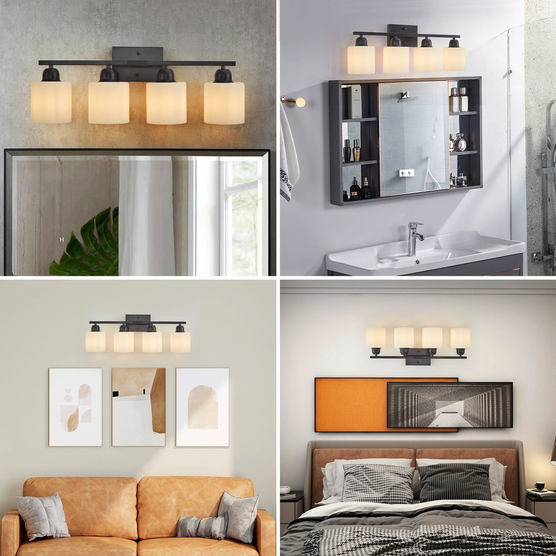 Black Bathroom Light Fixtures, 4-Light Modern Vanity Light Over Mirror, Wall Sconces with Milky White Frosted Glass Shades