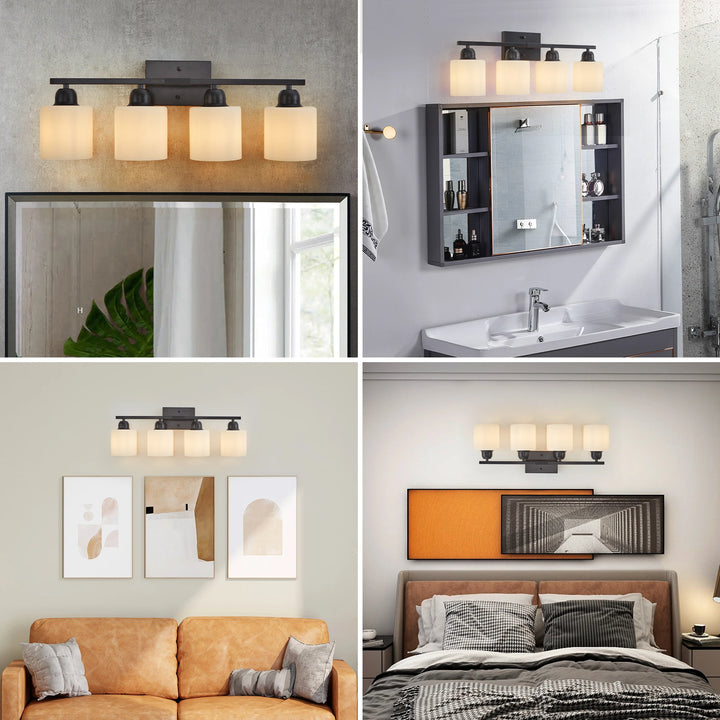 Black Bathroom Light Fixtures, 4-Light Modern Vanity Light Over Mirror, Wall Sconces with Milky White Frosted Glass Shades