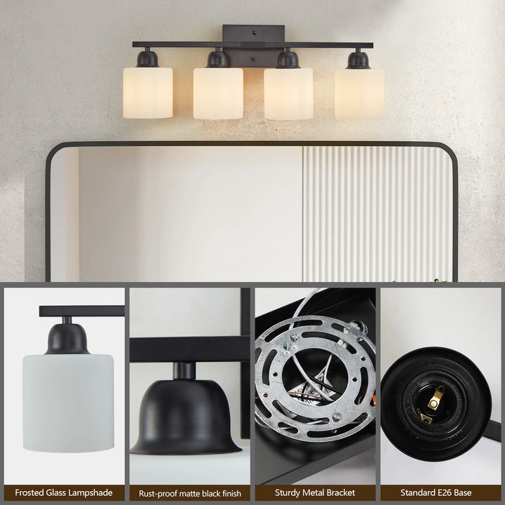 Black Bathroom Light Fixtures, 4-Light Modern Vanity Light Over Mirror, Wall Sconces with Milky White Frosted Glass Shades