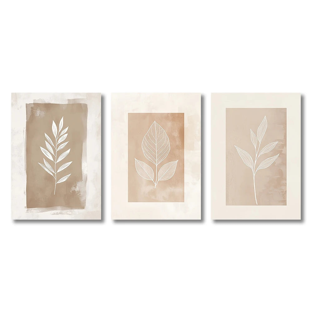 Boho Fern Wall Art Set - 3 Piece Neutral Minimalist Posters