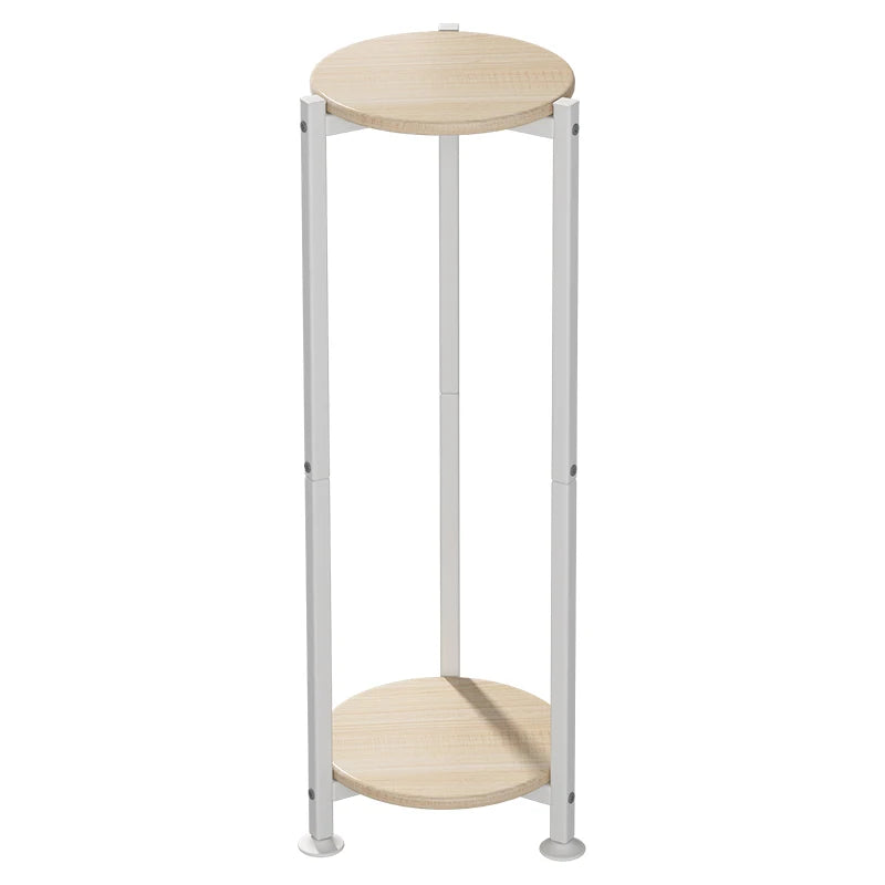 Two-tiered wooden shelf with white metal frame on a white background