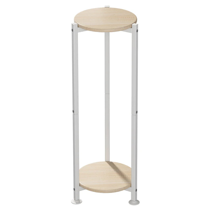Two-tiered wooden shelf with white metal frame on a white background