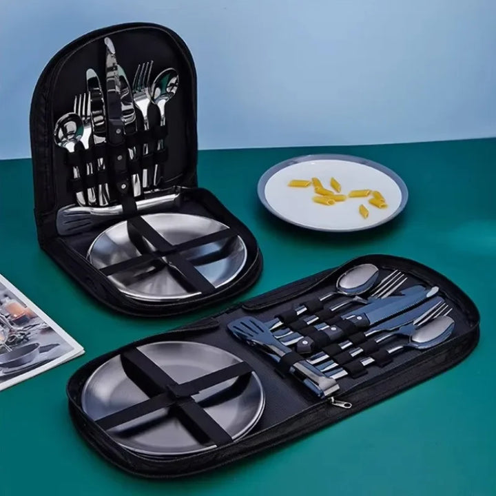 2Person Utensil Picnic Set with Plate Spoon Knife Fork Outdoor Picnic Tableware Camping Dinnerware Set