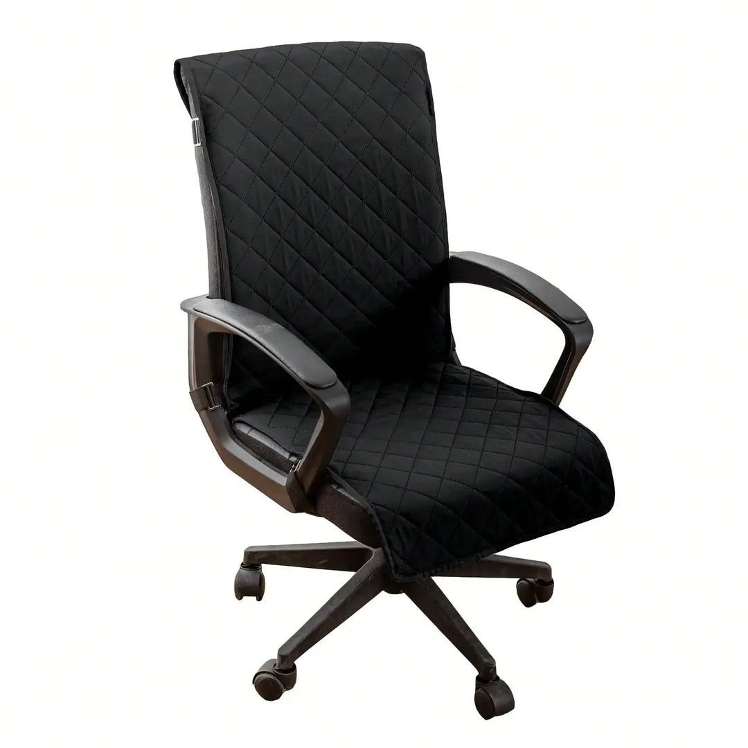 Black office chair with quilted design on a white background