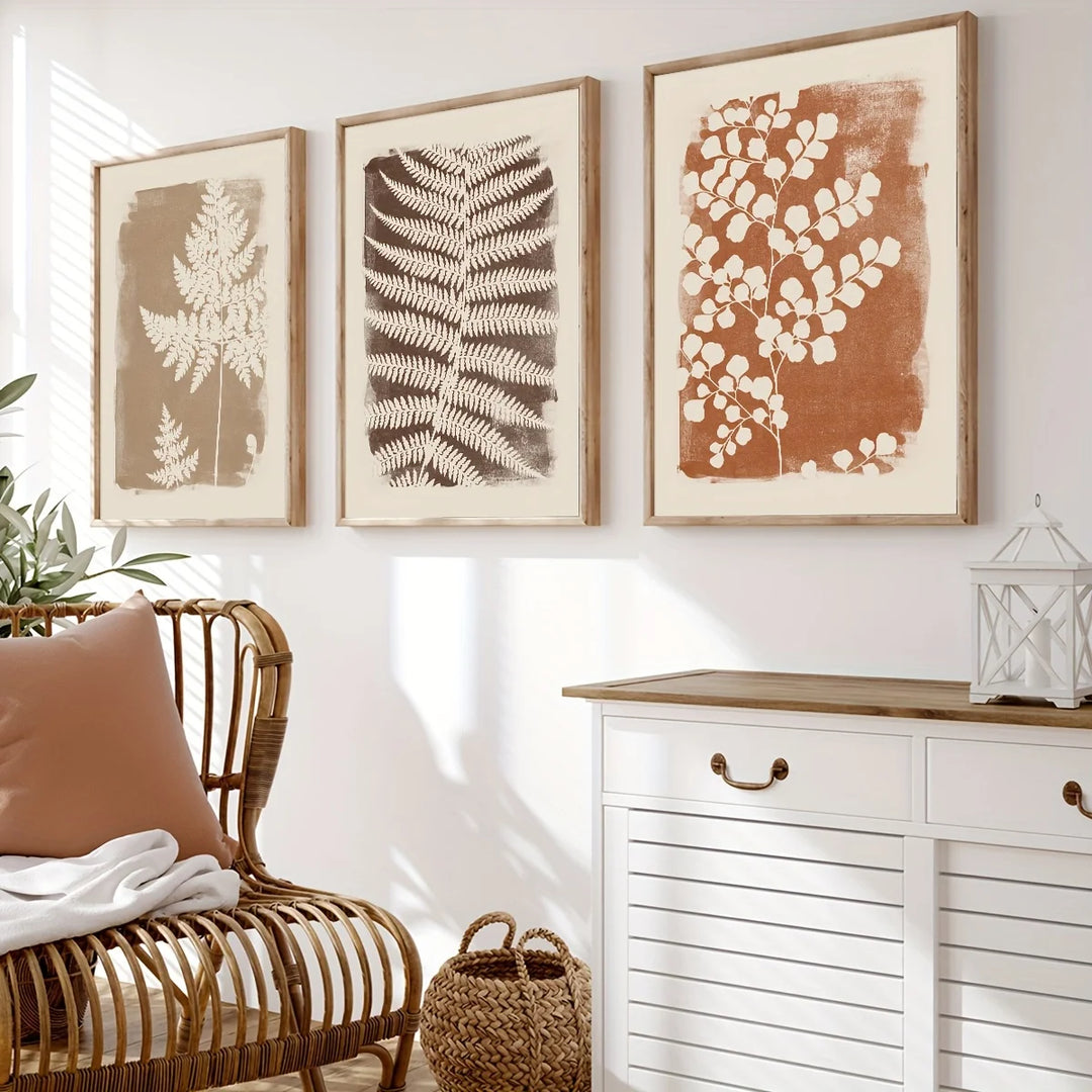 Boho Fern Wall Art Set - 3 Piece Neutral Minimalist Posters
