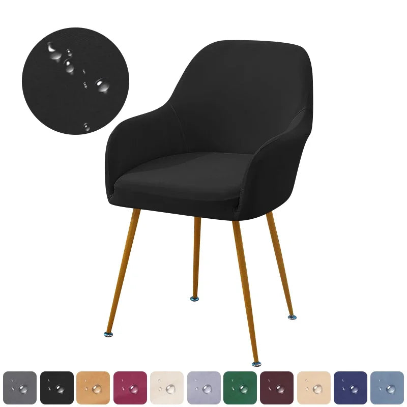 Black chair with wooden legs on a white background, surrounded by color swatches.