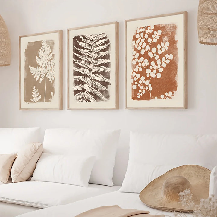 Boho Fern Wall Art Set - 3 Piece Neutral Minimalist Posters