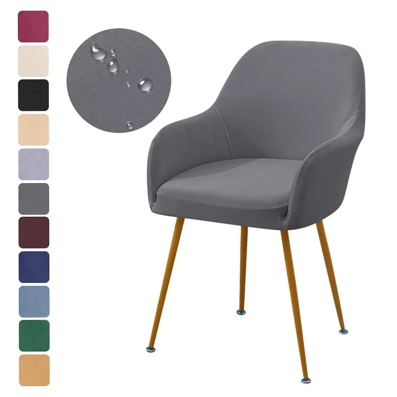 Gray chair with wooden legs on a white background, color swatches on the left.