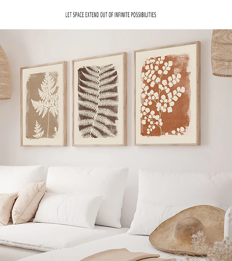 Boho Fern Wall Art Set - 3 Piece Neutral Minimalist Posters