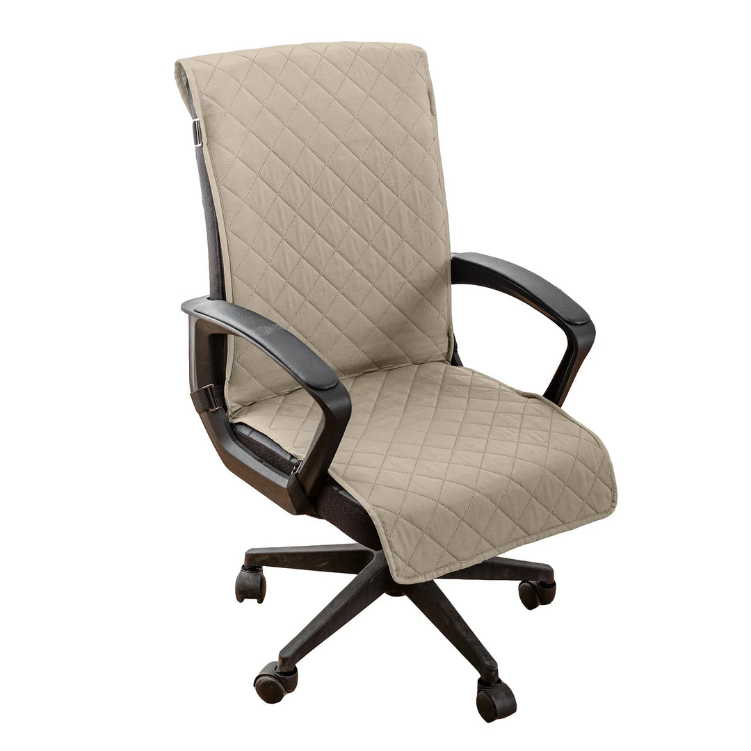 Beige office chair with quilted design on a white background