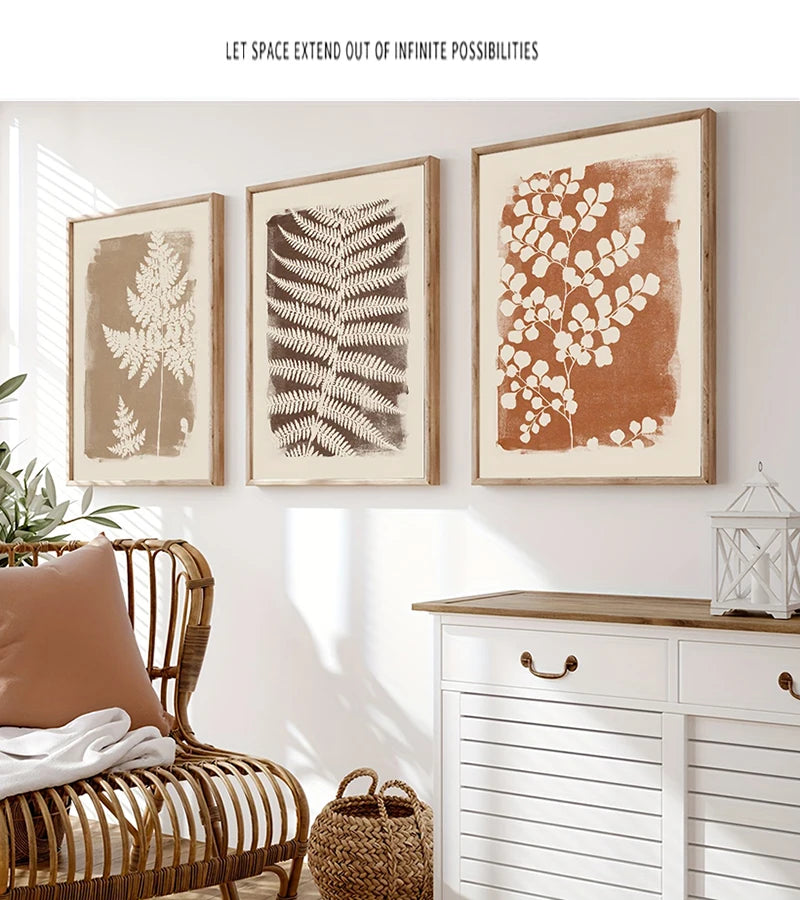 Boho Fern Wall Art Set - 3 Piece Neutral Minimalist Posters