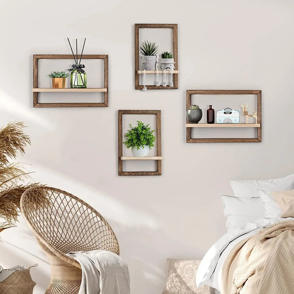 Rustic wooden floating wall shelves for farmhouse bedroom, bathroom, kitchen, and living room storage