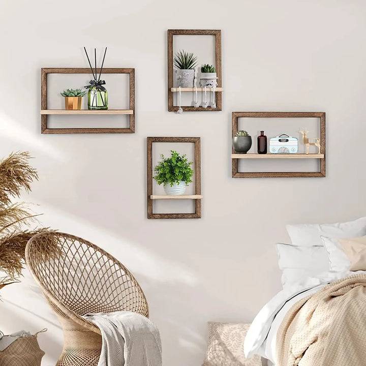 Rustic wooden floating wall shelves for farmhouse bedroom, bathroom, kitchen, and living room storage