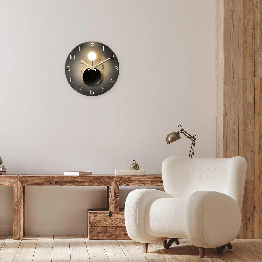 Modern interior with a white armchair, wooden table, and wall clock.